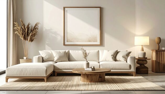 Beige living room, natural light, minimalist