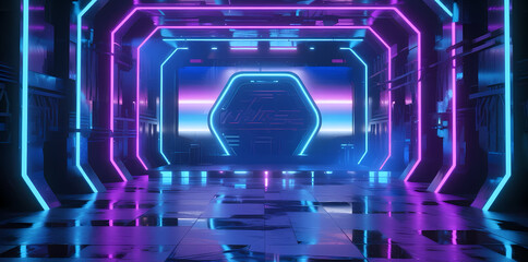 Futuristic neon-lit corridor with glowing geometric patterns and reflective floor