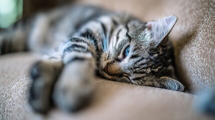 upholstery. Adorable tabby cat curled up on neutral-toned fabric, bathed in soft window light