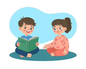 Kids reading book. Cute boy and girl read, child studying and learning. Education and knowledge for schoolboy. Teenager literature. Pupils together. Vector cartoon flat style isolated illustration