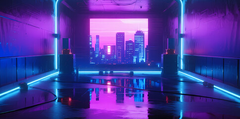 Neon-lit futuristic corridor with reflective floor overlooking a glowing city skyline at night