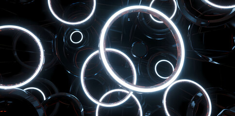 Neon-lit circular rings floating in a dark, reflective space