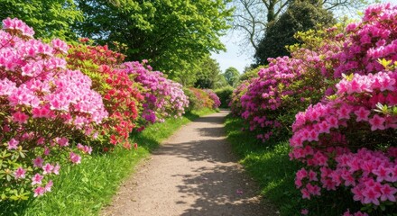 Fototapeta premium A sun-drenched pathway winds through vibrant azalea blooms in a lush garden