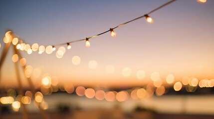 string. Golden sunset lights blending with warm string illumination, creating a dreamy coastal atmosphere. inspiring travel planning, travel magazines, designed for travel destination branding.