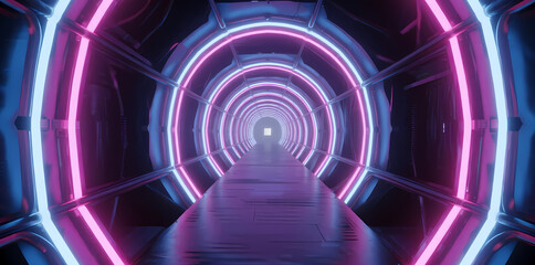 Futuristic neon-lit tunnel with glowing pink and blue lights creating a sci-fi corridor effect