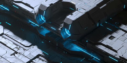 Futuristic spacecraft interior with blue illuminated panels and angular metallic structures