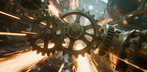 Interlocking metal gears in motion with sparks and glowing light effects in a mechanical setting