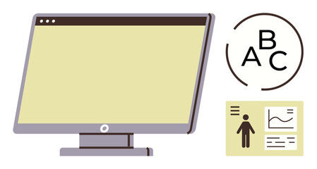 Desktop monitor alongside symbol for text communication and infographic of statistical data. Ideal for content presentation, education, analytics, communication, information sharing, research