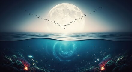 Silhouettes of birds flying across a full moon over the ocean with underwater coral reef scene. Nature and marine life concept.