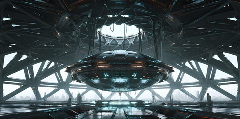 Futuristic spacecraft suspended in a high-tech hangar with intricate structural beams and reflective surfaces