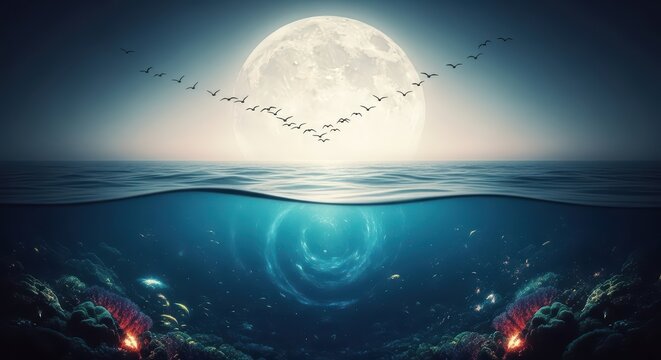 Silhouettes of birds flying across a full moon over the ocean with underwater coral reef scene. Nature and marine life concept.