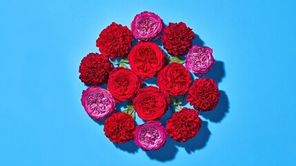 lay. Circular arrangement of vibrant roses against a blue background, top-down view. gardening catalogs, home-decor guides, designed for gardening and botanical catalogs