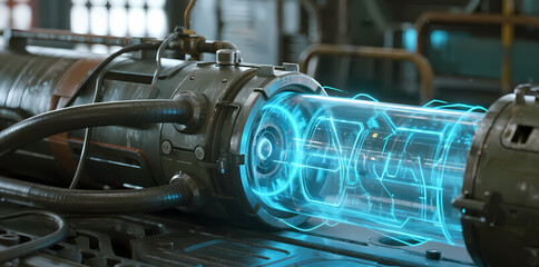 Advanced cylindrical energy device with glowing blue internal components in a mechanical workshop setting