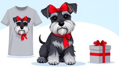 Animated schnauzer with red bow sitting next to a gift and a shirt with its image