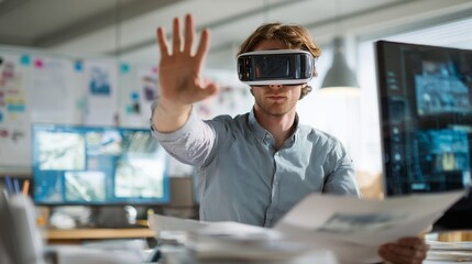 A man wearing headphones raises his hand in an office as the man interacts with digital screens. The man manages papers while analyzing multiple screens simultaneously.
