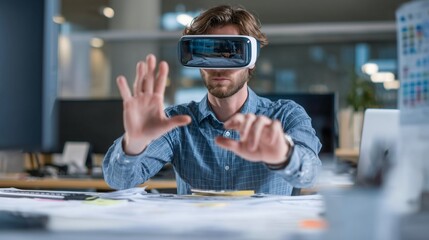 A man wearing virtual reality goggles sits in an office and gestures with his hands. The man focuses on technology while exploring a virtual office environment.