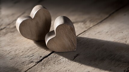 woodwork. Two wooden heart carvings on a rustic table with soft sunlight and delicate shadows.