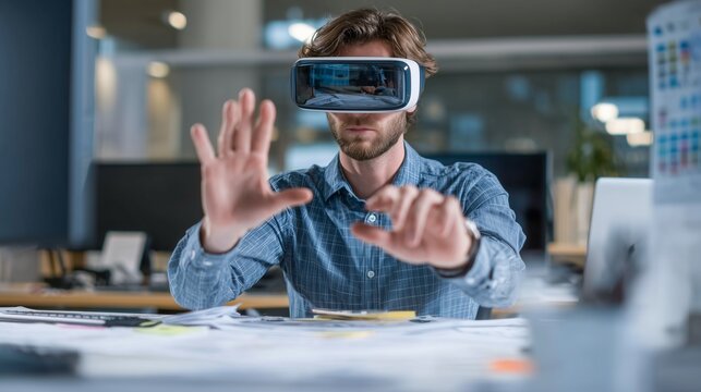 A man wearing virtual reality goggles sits in an office and gestures with his hands. The man focuses on technology while exploring a virtual office environment.