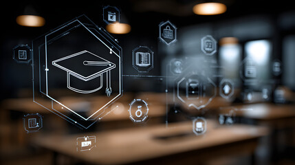 digital education concept with icons of computer, graduation cap and school board on blurred background. Digital learning online system for distance education or futuristic new AI technology