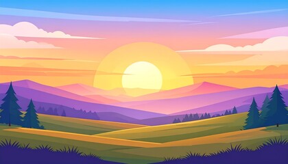 Stylized landscape with rolling hills, forests, and a vibrant, colorful sunset