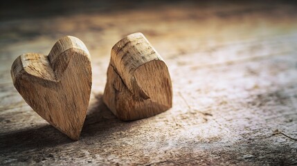 woodwork. Two wooden heart carvings on a rustic table with soft sunlight and delicate shadows.