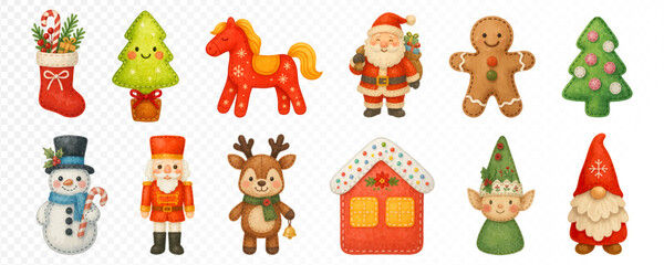 Big Christmas set with Santa, tree, horse, gingerbread, snowman, nutcracker, elf, gnome, reindeer and festive stocking, cozy holiday watercolor illustrations. Vector illustration.