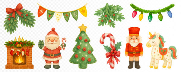 Fototapeta premium Big Christmas set with Santa, nutcracker, tree, toy horse, fireplace, candy cane, garlands and festive greenery, cozy watercolor holiday decorations. Vector illustration.
