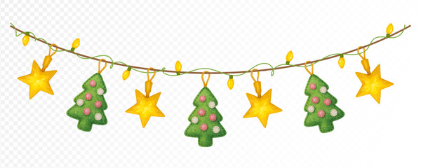 Christmas garland with stars and decorated trees, festive holiday watercolor decoration with glowing lights for cozy winter celebrations. Vector illustration.