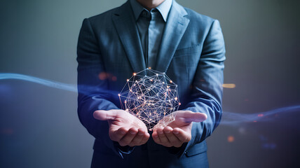 Businessman holding a glowing digital network in his hands