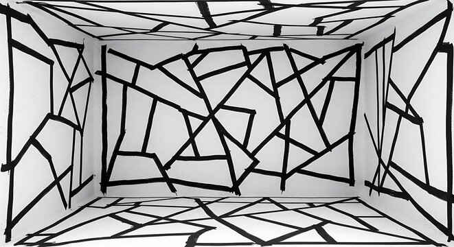 Empty square room with Random black chaotic lines abstract geometric pattern