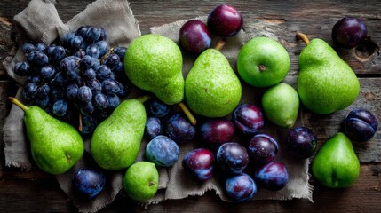 Overhead view of fresh green pears and ripe purple plums arranged on a rustic wooden table with natural textures and vibrant colors, perfect for healthy snack or fruit concept