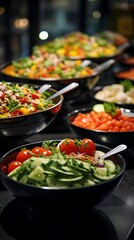 Fototapeta premium Fresh salad bar offers healthy choices with vibrant tomatoes, cucumbers, and greens for a delicious meal