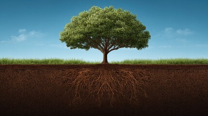 Lush green tree with extensive roots in rich soil.