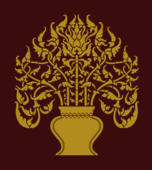 Golden Puranakata Pot Thai Lanna Floral Ornament Vector. Traditional Lanna Thai ornament depicting a golden Puranakata pot filled with stylized lotus buds and blossoms. The symmet, Golden Puranakata P
