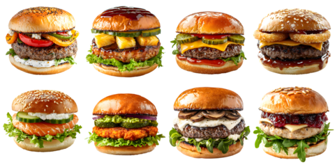 A selection of delicious fast food burgers with various unusual toppings isolated on a transparent background PNG