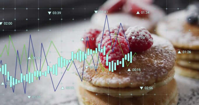 Data overlay appearing on pancakes with moving bars and line graphs, sugar showering showing trends - Powered by Adobe