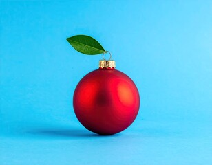 Red Christmas ornament with a green leaf on a vibrant blue background