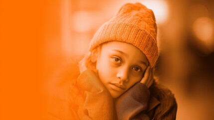 A woman wearing a knit hat and scarf stands in a softly lit setting. The woman appears thoughtful as the woman adjusts her warm scarf under soft lighting.