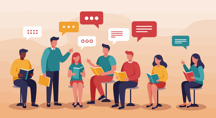 A flat design illustration of a diverse group of authors and readers engaged in an animated panel discussion, representing the intellectual exchange and community spirit of the Ubud Writers & Readers 