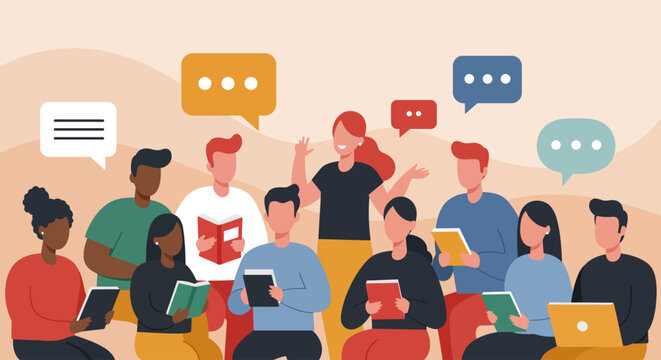 A flat design illustration of a diverse group of authors and readers engaged in an animated panel discussion, representing the intellectual exchange and community spirit of the Ubud Writers & Readers 