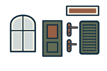 Building exterior design kit featuring classic window, main door, decorative shutter, and functional door hardware