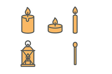 Various illuminated candles including pillar, tealight, and stick, alongside a classic lantern and a wooden matchstick