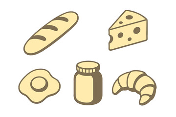 Assortment of breakfast and bakery items including baguette, croissant, cheese, fried egg, and jam jar