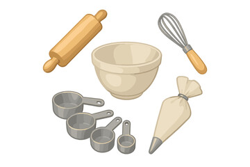 Assortment of essential baking tools including a rolling pin, mixing bowl, whisk, measuring cups, and piping bag for culinary arts