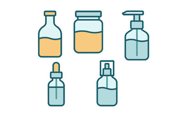 Assortment of cosmetic and pharmaceutical containers with pump, dropper, and spray bottles for beauty and health products