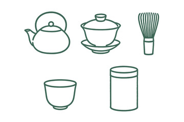 Traditional Asian tea ceremony utensils and accessories including teapot, gaiwan, whisk, cup, and caddy