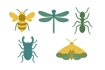 Collection of various stylized insects including bee dragonfly ant beetle moth