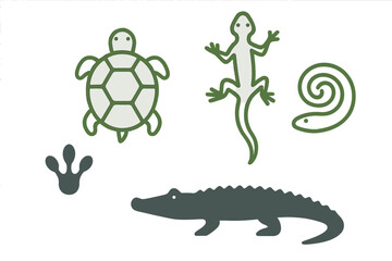Diverse set of stylized wildlife creatures including turtle lizard snake crocodile and amphibian footprint graphic elements