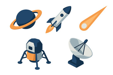 Collection of cosmic exploration objects featuring planet with rings, launching rocket, lunar lander, satellite dish, and comet © icon_art