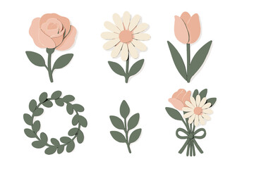 Stylized pastel spring flowers, green leaves, decorative wreath, and elegant bouquet elements